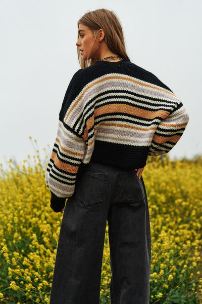 Chunky Knit Multi-Striped Open Sweater Cardigan