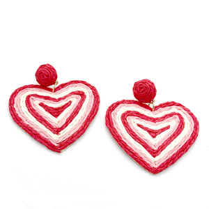 Red Stripe Raffia Heart Earrings