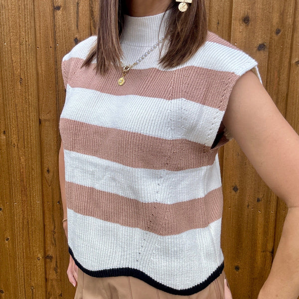 Sleeveless Tan Stripe Sweater Top