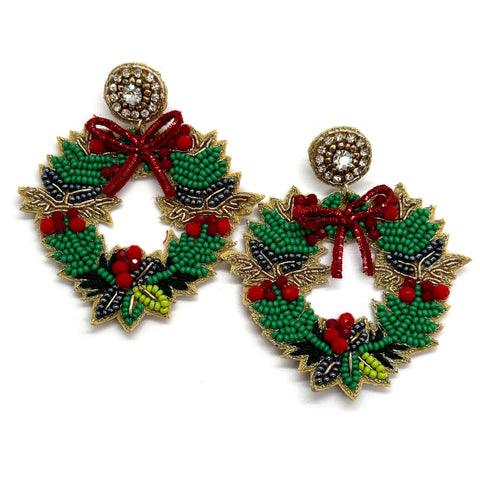 Christmas Wreath Beaded Earrings