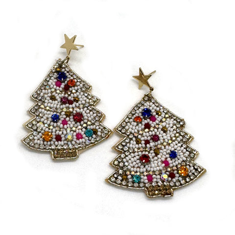 White Beaded Christmas Tree Earrings