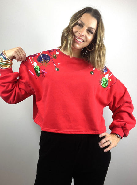 ornament sweater, sequin ornament sweater, christmas sweatshirt, cropped sweatshirt, red christmas sweater, queen of sparkles