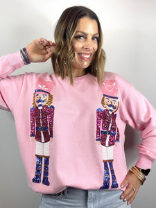 nutcracker sweater, pink nutcracker, christmas sweater, pink christmas sweater, sequin nutcracker