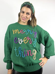 merry everything, christmas sweater, tinsel sweater, green sweater, green merry everything sweater, holiday sweater