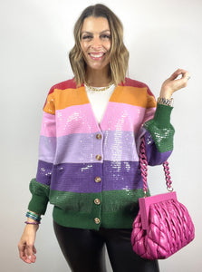 rainbow cardigan, sequin cardigan, rainbow stripe, rainbow sweater, sequin sweater, cardigan, holiday sweater