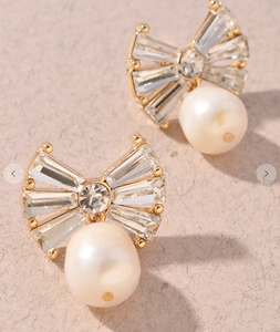 Bow Rhinestone Pearl Earrings
