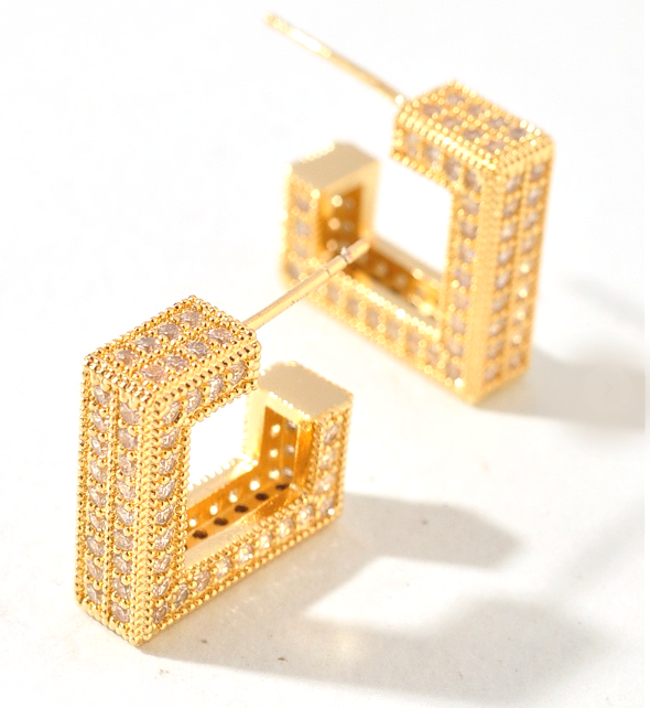 Gold Rhinestone Geo Box Earrings