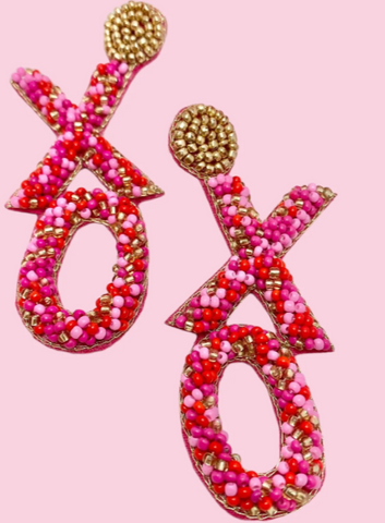 XO Pink Red Beaded Earrings