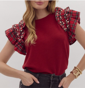 Red Flutter Sleeve Plaid & Pearls Top