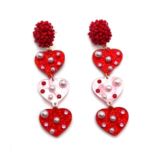 Red Acrylic Triple Heart Earrings