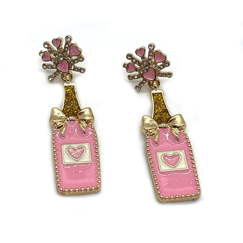 Pink Enamel Heart Bottle Earrings