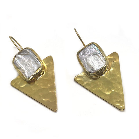 Gold Hammered Triangle Opal Earrings