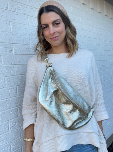 Gold Leather Crossbody Fanny Pack Bag